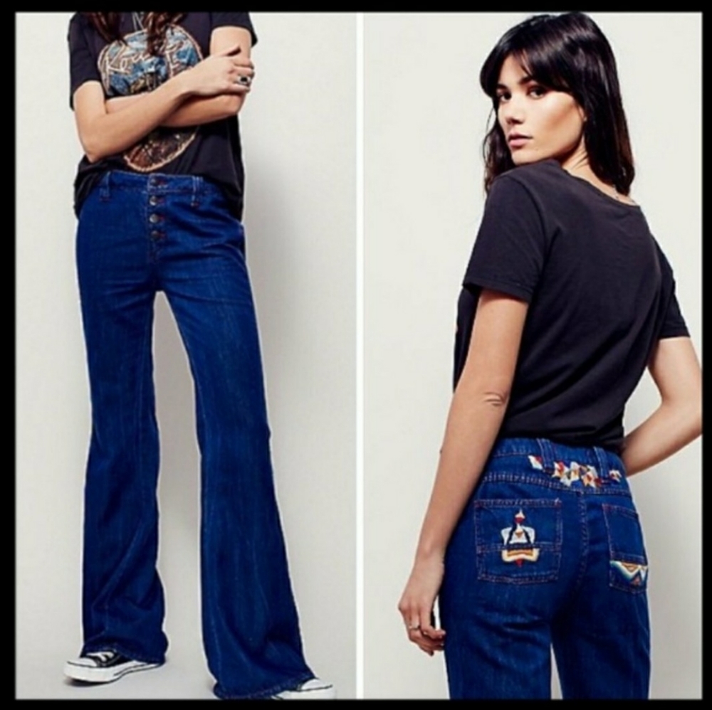 Free People Heartbreaker Embroidered Bell Bottoms